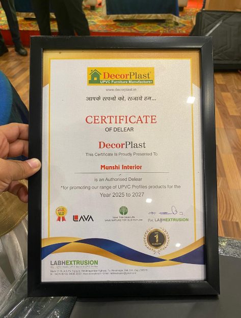 DecorPlast authorized dealer certificate presented to Munshi Interior for 2025 to 2027
